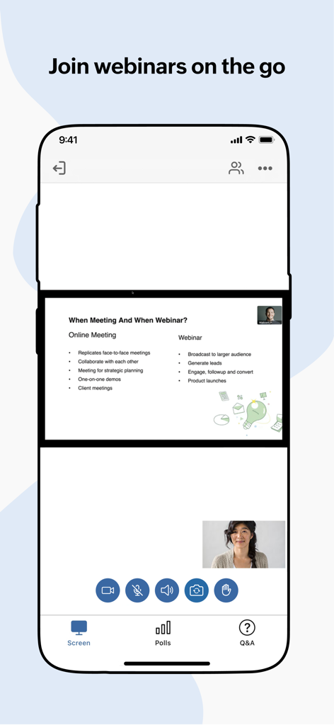 Zoho Meeting - Online Meetings - Zoho Meeting mobile interface showing a webinar presentation on an iPhone with interactive meeting controls