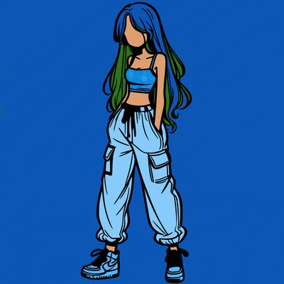 girl in baggy pants crop top and long hair