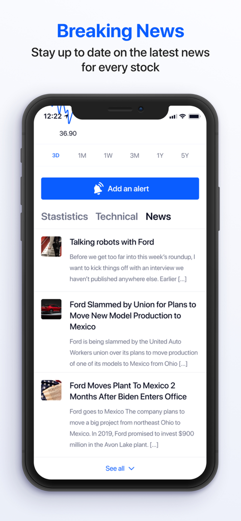 Un teléfono móvil mostrando el feed de noticias de última hora y el botón de creación de alertas dentro de la aplicación Alarma de Acciones.