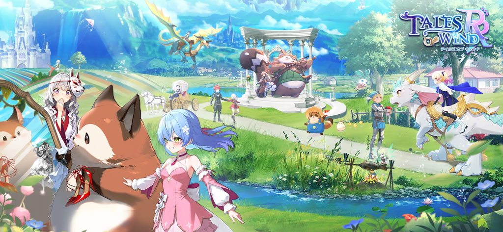 Tales of Wind: Radiant Rebirth - Personajes de anime y adorables mascotas en un vibrante mundo de fantasía con un castillo y un dragón.