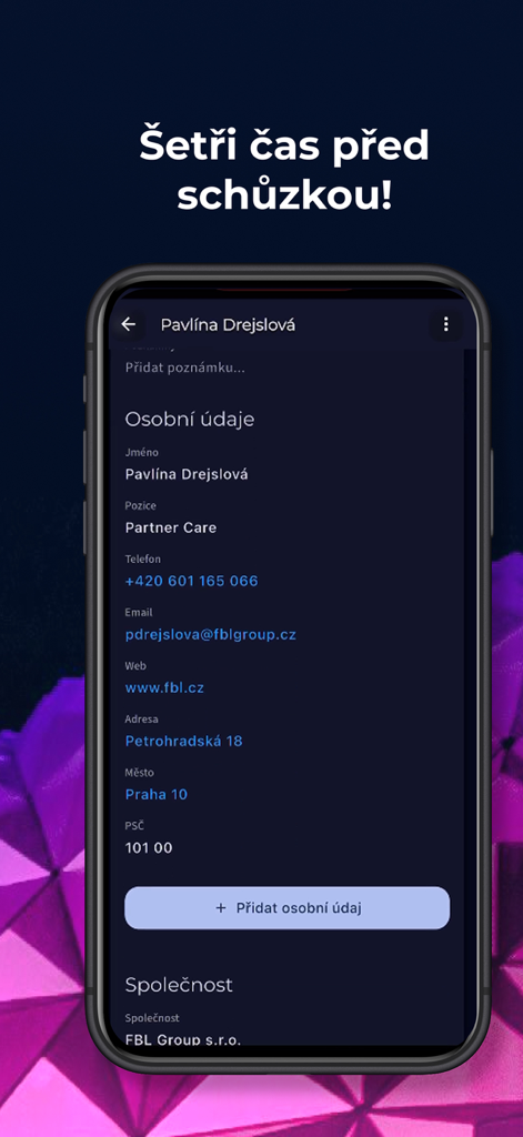 Linio - Linio mobile app screen showing a digitized contact profile with details like name, phone number, and address extracted using AI
