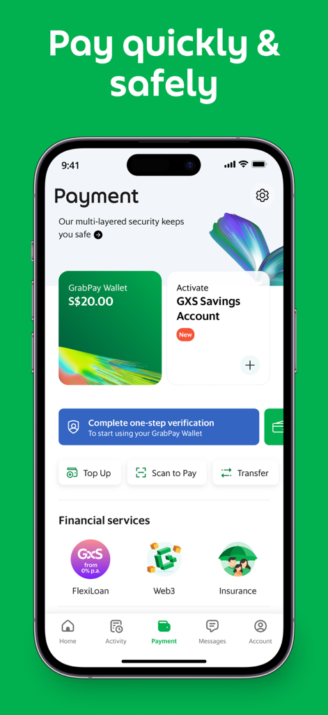 Grab app payment screen showing digital wallet balance and secure payment options