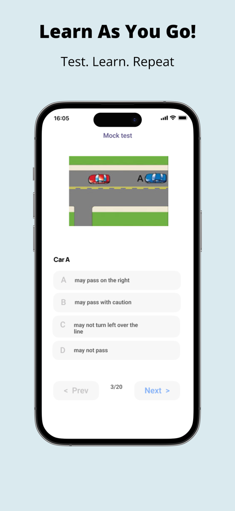 G1 Driving Test Ontario - Una pantalla de teléfono inteligente que muestra una pregunta de examen de práctica de conducción G1 sobre reglas de adelantamiento con opciones de respuesta múltiple.