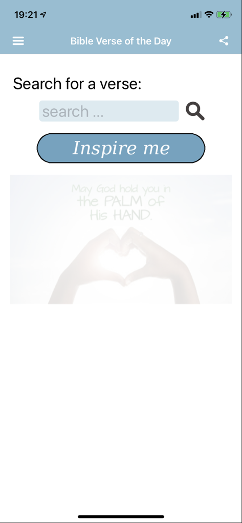 하트 모양 손 이미지 위에 마음을 사로잡는 버튼과 검색창이 있는 오늘의 성경 구절 앱 인터페이스