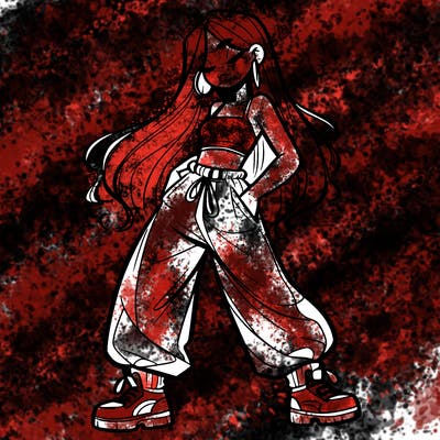 girl in baggy pants crop top and long hair