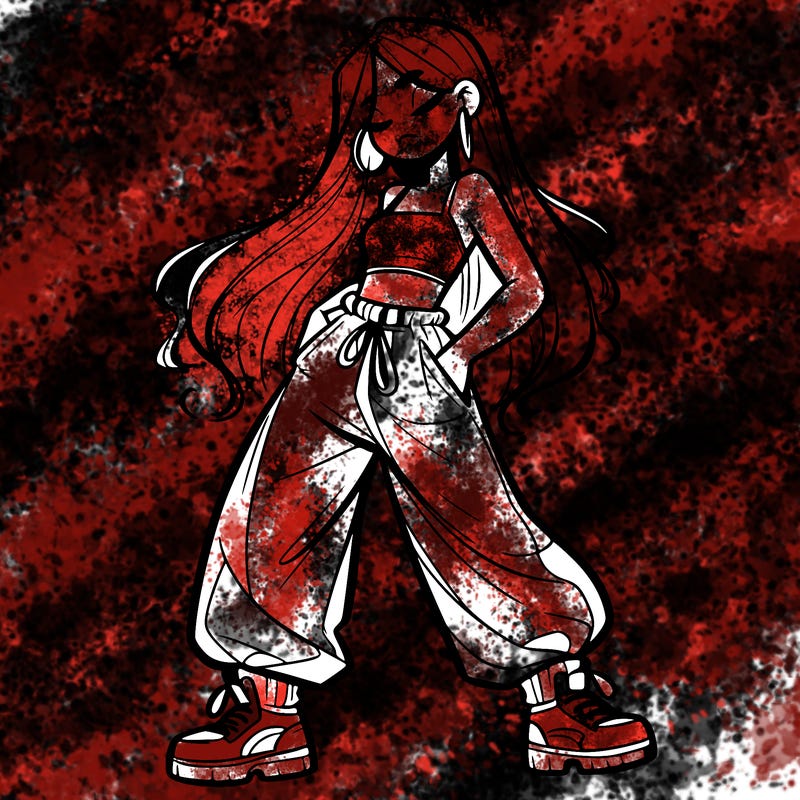 girl in baggy pants crop top and long hair