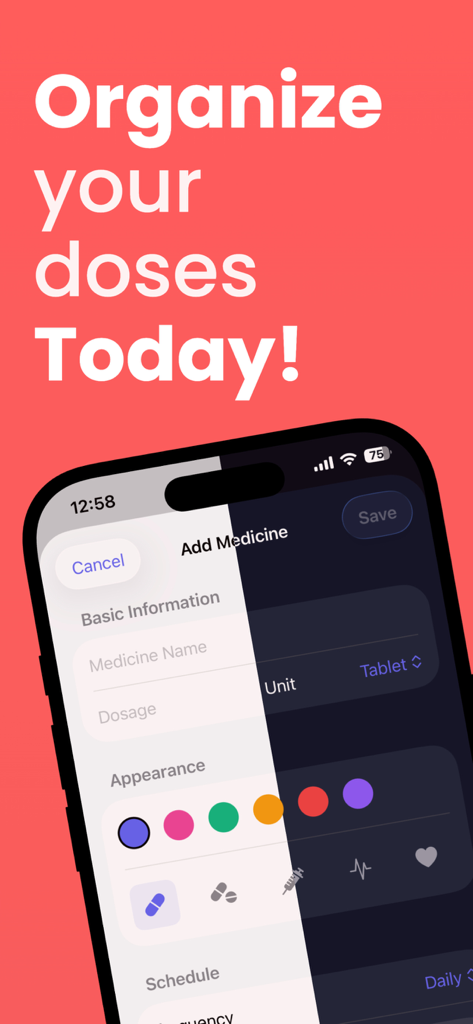 Medloo: Medicine Tracker - Medloo app interface showing the Add Medicine screen with medication name dosage and icon customization options.