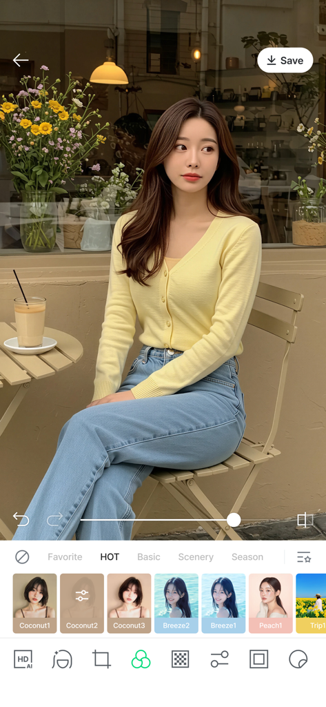 LINE Camera写真編集アプリのインターフェース、女性のポートレートに適用された様々なビューティーフィルターと編集ツールが表示されている