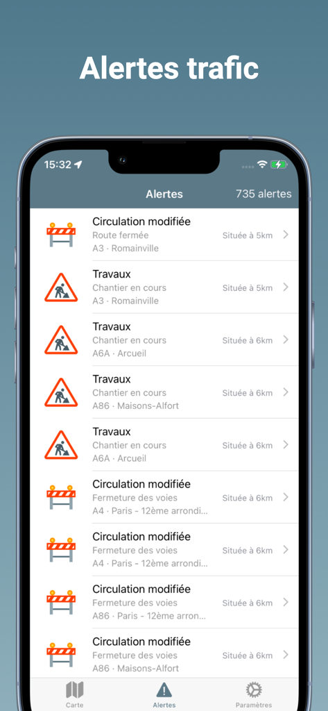 Mon Trafic - Info Circulation - 距離と場所を含む工事や交通規制の変更などの交通アラートリストを表示するMon Traficアプリのスクリーンショット。