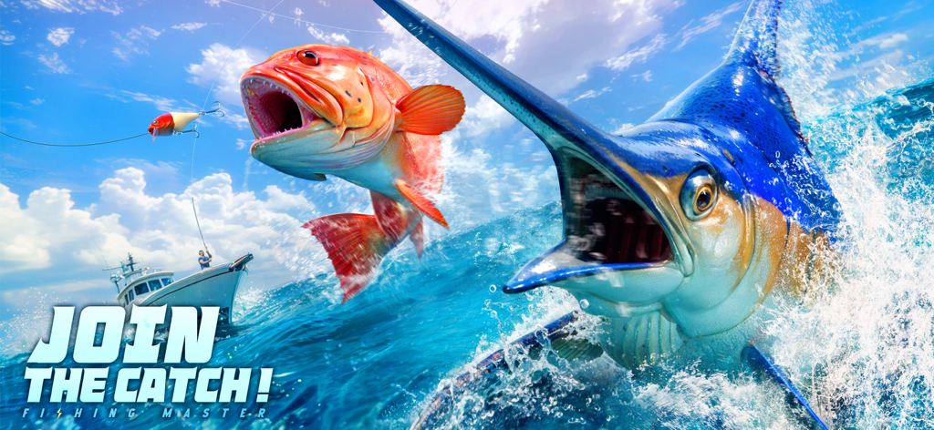 Un gran marlín azul y un pez rojo saltando fuera del agua en el juego móvil Fishing Master.