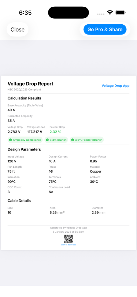 Voltage Drop Calculator. - A professional voltage drop report screen showing NEC compliant electrical calculation results and cable details on a mobile app.