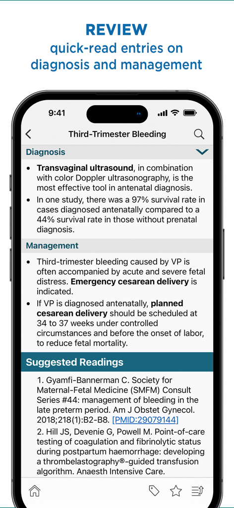 Gynecology and Obstetrics - Johns Hopkins Gynecology and Obstetrics manual app displaying diagnosis and management for third-trimester bleeding.