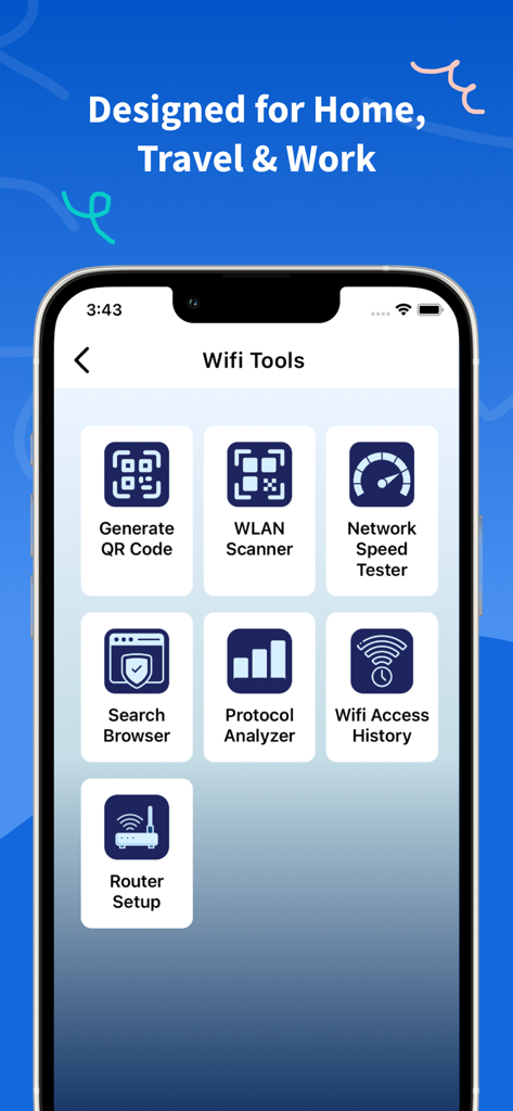 WiFi Password Finder & Connect - WiFi Password Finder app dashboard displaying tools like QR code generator, WLAN scanner, speed tester, and router setup