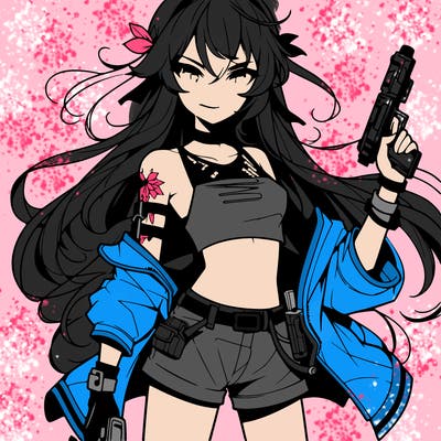 bad girl wearing crop top holding a gun long hair anime