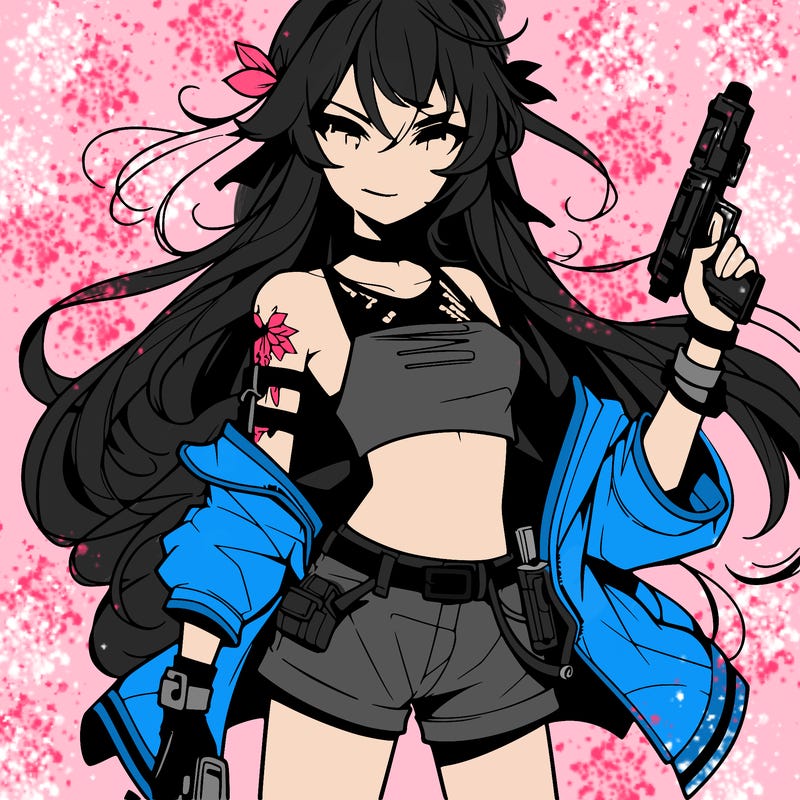 bad girl wearing crop top holding a gun long hair anime