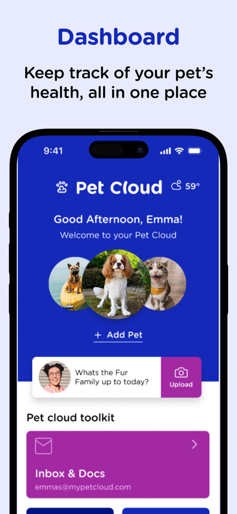 Das Dashboard der Pet Cloud App, das Tierprofile und Gesundheitsmanagement-Tools anzeigt