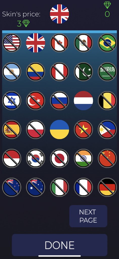 Marble Race Ultimate - Marble selection menu displaying national flags as unlockable skins
