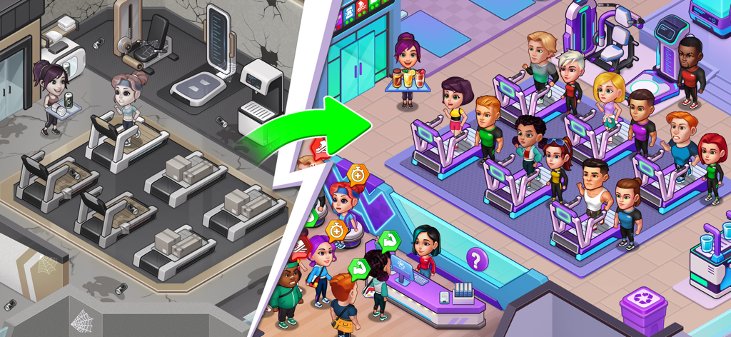 Happy Fitness: Gym Game - 荒廃したジムが明るく賑やかなフィットネスセンターにアップグレードされる、ビフォーアフターの比較。