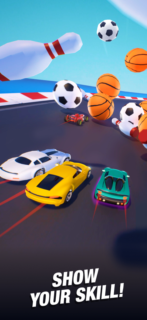 Racing cars avoiding giant soccer balls and basketballs in Race Master 3D