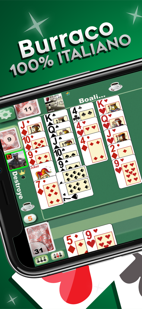 Uno schermo mobile che mostra una partita di Burraco in corso con carte disposte su un tavolo verde.