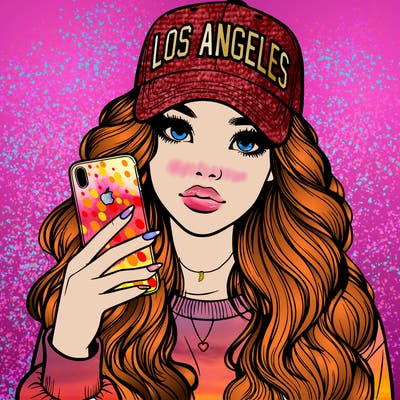 realistic beautiful girl wearing los ángeles cap holding an iphone