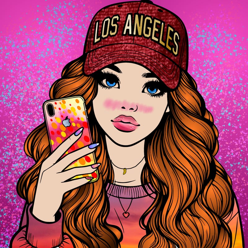 realistic beautiful girl wearing los ángeles cap holding an iphone