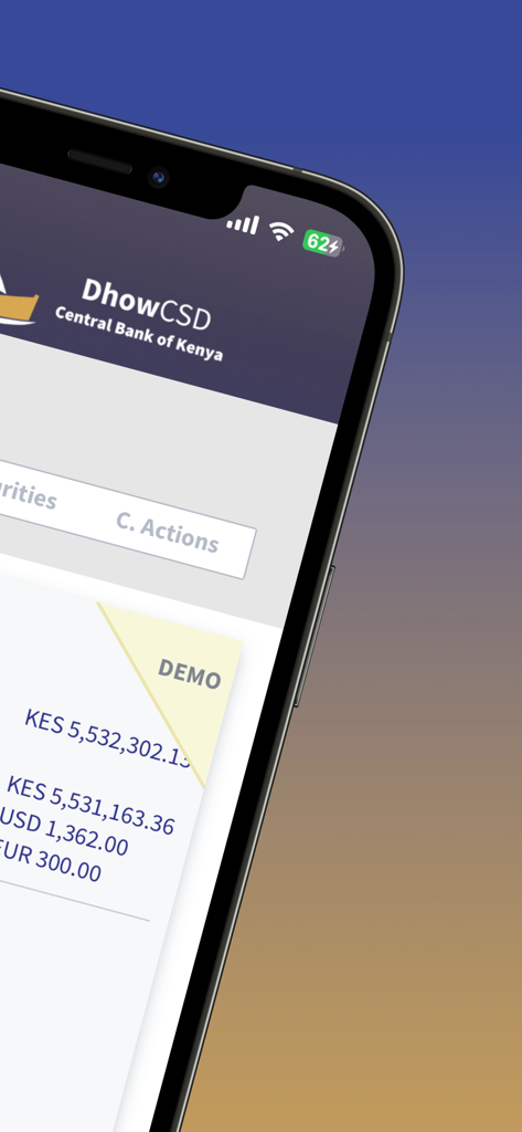 DhowCSD - DhowCSD mobile app dashboard showing investment balances in KES, USD and EUR.