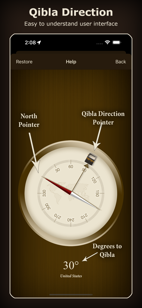 Qibla Compass (Kaaba Locator) - Oberfläche der Qibla-Kompass-App, die die Richtung zur Kaaba mit einer Kompassnadel und Gradgenauigkeit in den Vereinigten Staaten anzeigt.