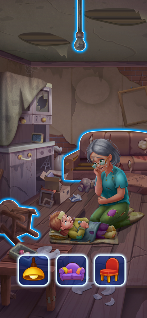 A crying grandmother and child in a dilapidated room with house renovation choices