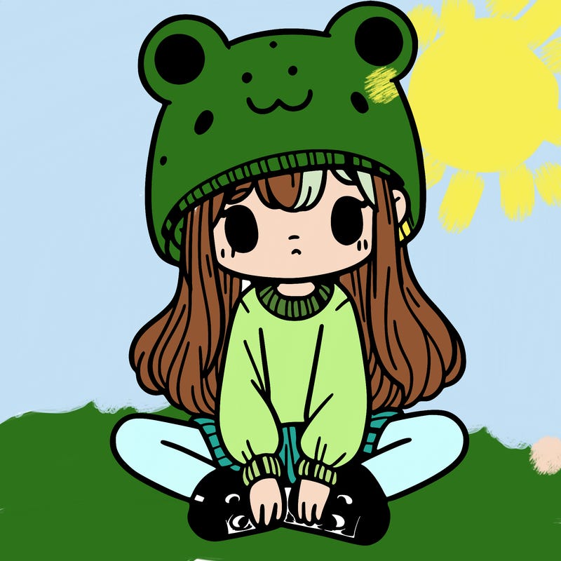 a girl wearing a frog hat and some frog socks
