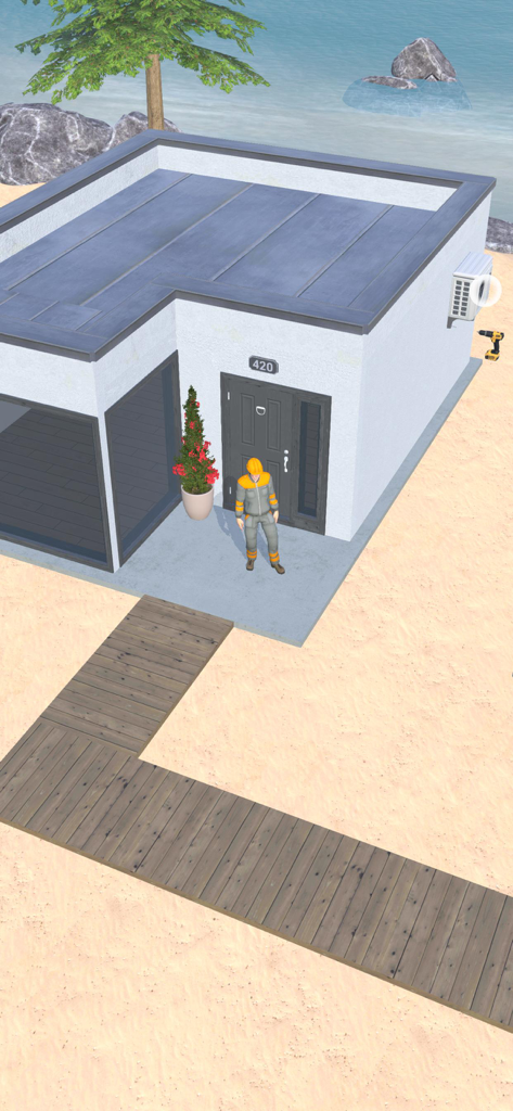 Build It ゲームの砂浜に建った完成したモダンな白い家の前に立つビルダーキャラクター