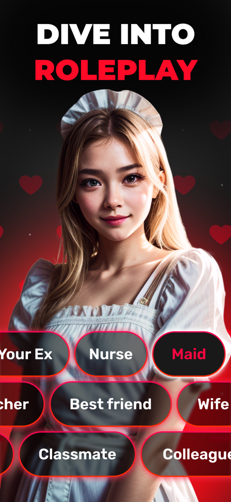 Flirtly - AI Girlfriend Chat - Interfaz de la aplicación Flirtly que muestra opciones de juego de rol de IA como Enfermera, Doncella y Mejor Amiga con una imagen de personaje