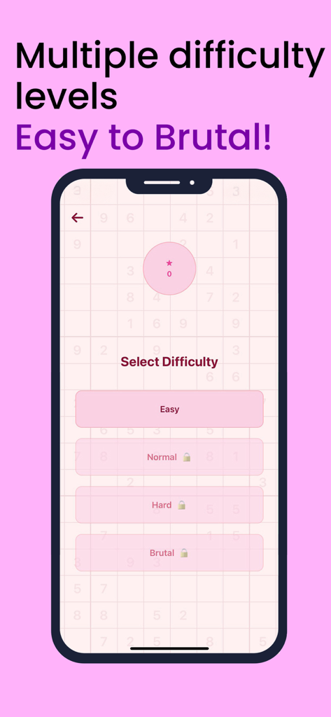 Pantalla de la aplicación Sudukoo que muestra múltiples niveles de dificultad de Fácil a Brutal en un diseño moderno minimalista
