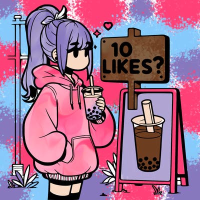 girl with oversized hoodie drinking boba and she has a high ponytail with a sign that says 10likes?