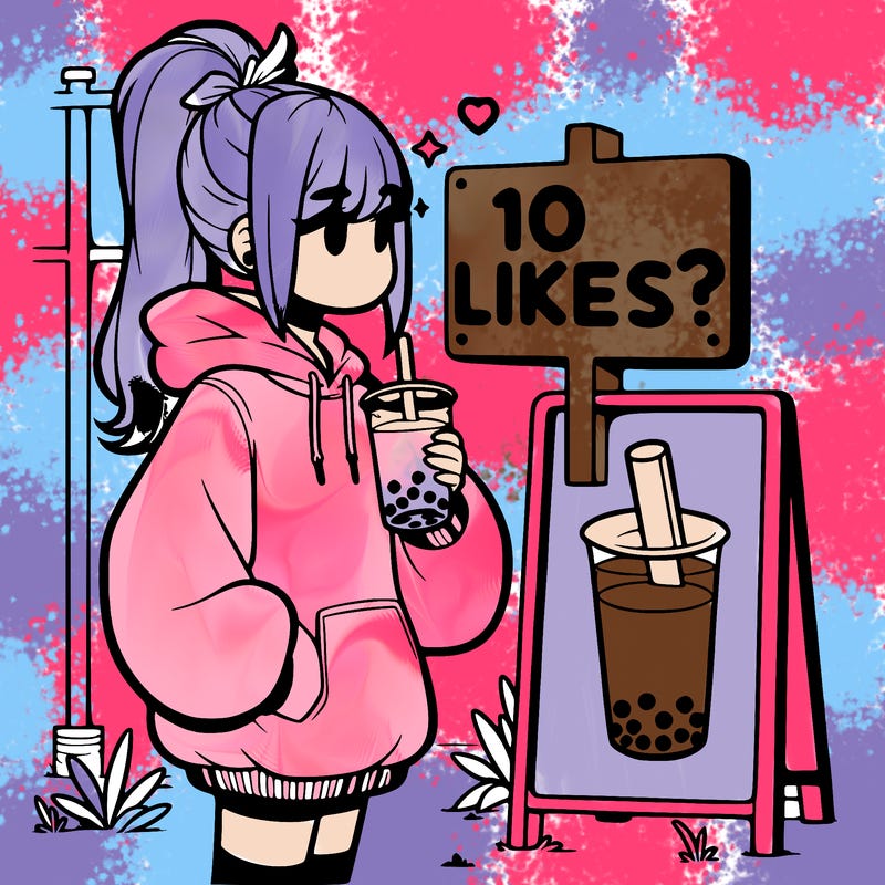 girl with oversized hoodie drinking boba and she has a high ponytail with a sign that says 10likes?