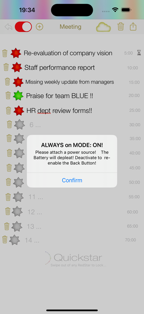 QuickStar - QuickStar app interface showing a task list with red and green stars and an Always on Mode notification