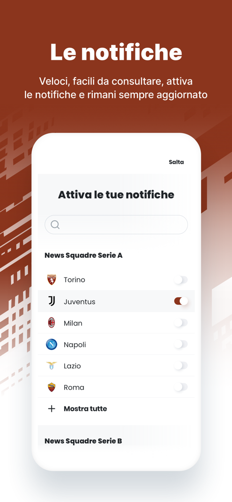 Tuttosport app notification settings screen showing a list of Serie A teams including Juventus and Torino