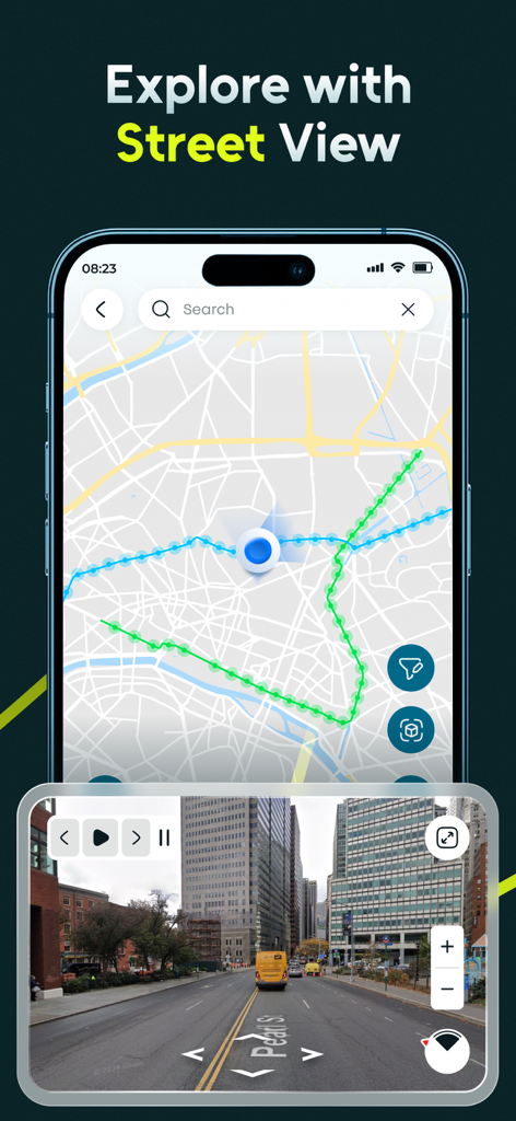 Live Earth Map: Street View - Interfaz de la aplicación Live Earth Map que muestra un mapa GPS y una vista de calle 3D de una calle de la ciudad con un autobús amarillo