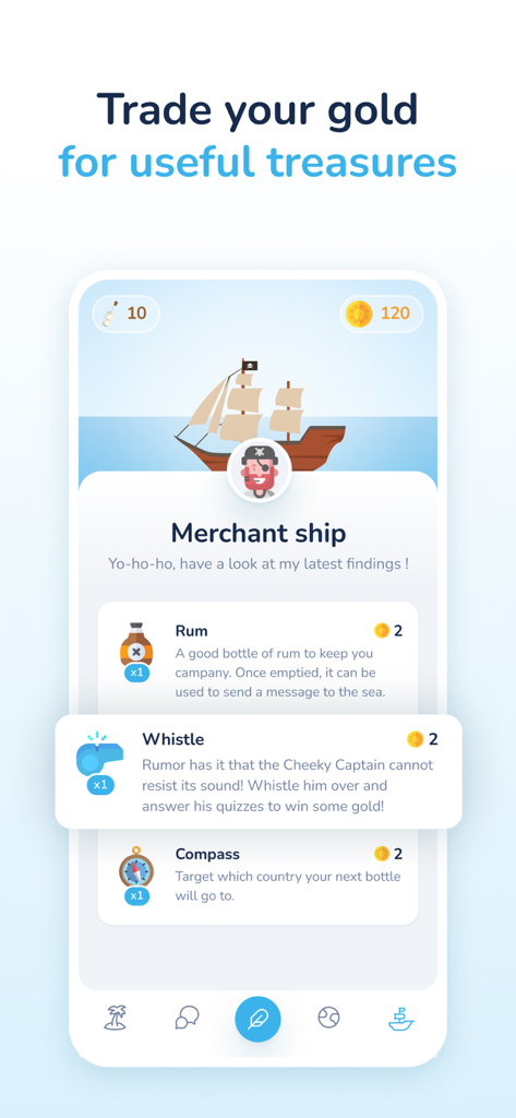 The Merchant Ship shop in the Bottled app showing treasures like a whistle and compass available for gold.