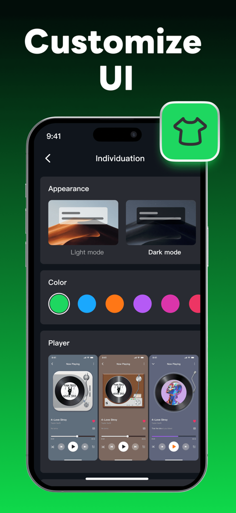 Interface of HT Offline Music Player showing customization settings for light and dark modes, color themes, and vinyl record player skins.