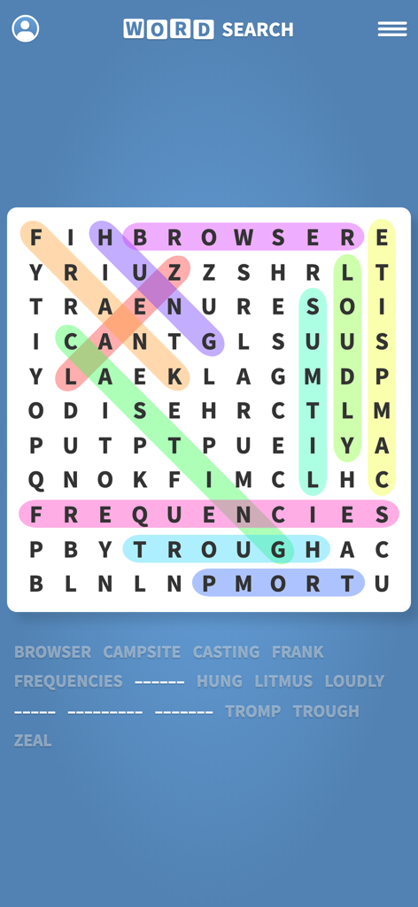 Word Search Puzzles ·· - A screenshot of the Word Search Puzzles game grid with highlighted words and a clean interface