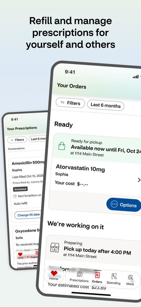 CVS Health - CVS Health app screens displaying prescription status for multiple medications with refill and pickup options