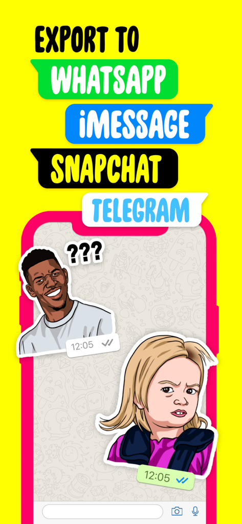 Interface de l'application Sticker Maker montrant des stickers de mèmes et des options d'exportation pour WhatsApp, iMessage, Snapchat et Telegram.