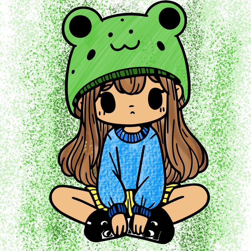 a girl wearing a frog hat and some frog socks