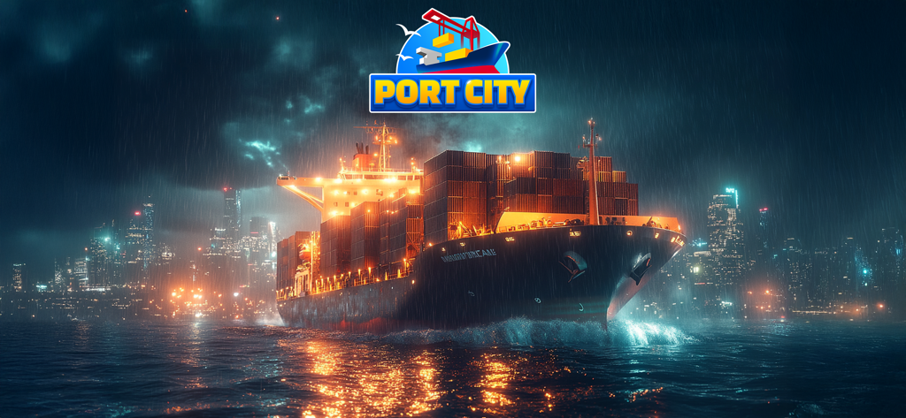 Port City: Ship Simulator - Un gran buque portacontenedores navegando por un puerto lluvioso por la noche con luces de ciudad y el logo de Port City