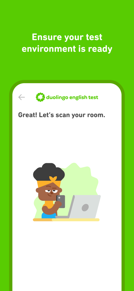 Una pantalla de la aplicación Duolingo English Test que muestra instrucciones para escanear la habitación para la preparación del entorno de examen