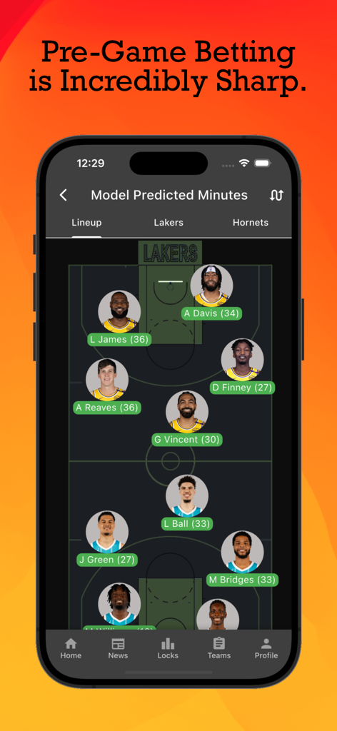 The Linda Report app interface showing machine learning predicted playing minutes for NBA players on a basketball court lineup