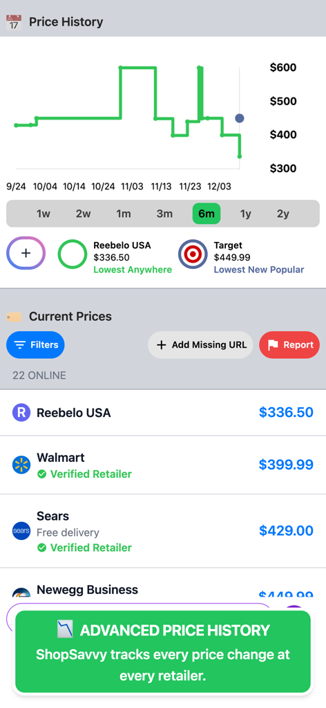 ShopSavvy - Shopping Assistant - ShopSavvy app interface showing a detailed product price history graph and price comparisons across multiple retailers like Walmart and Target.