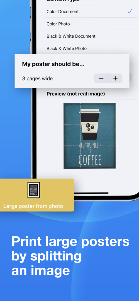 Smart Printer App-Oberfläche, die die Funktion zum Drucken großer Poster durch Aufteilen eines Bildes auf mehrere Seiten zeigt