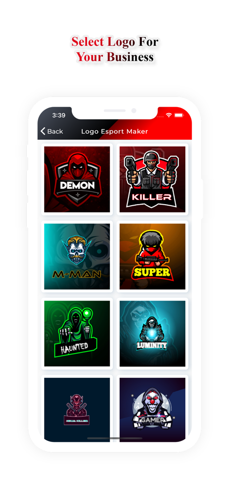 Logo Esport Maker For Gaming - Mobile app interface showing various gaming and esport logo templates